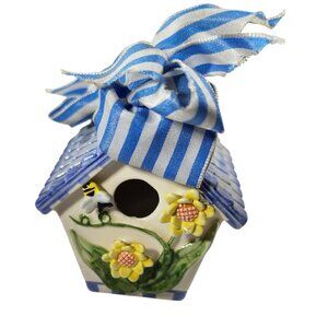 Vintage Mudpie Birdhouse Handpainted Flowers Bee blue yellow cottagecore spring
